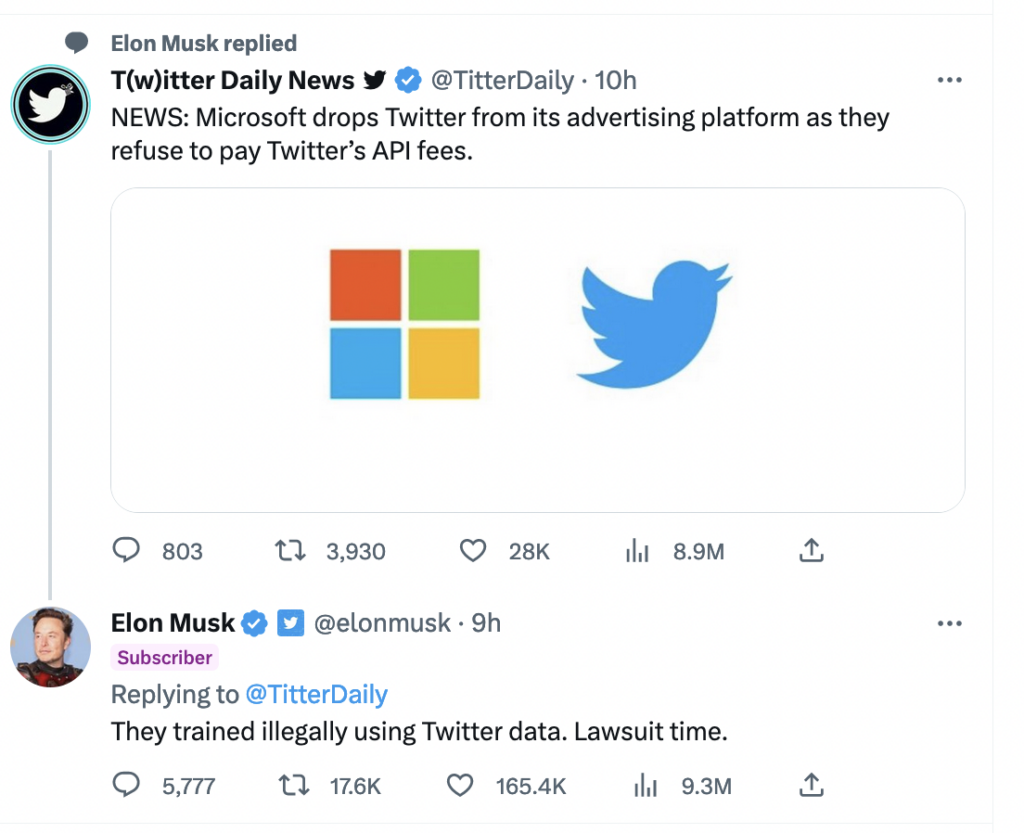 Elon Musk claiming that Microsoft illegally trained AI using Twitter data.